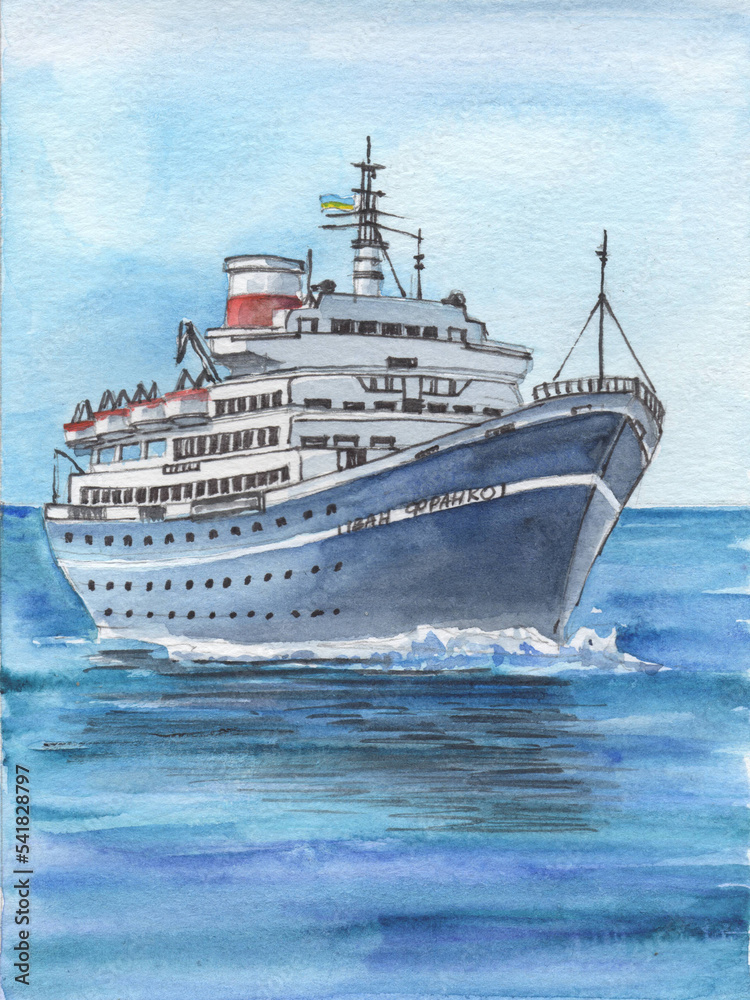 Fototapeta premium Watercolor illustration of modern passenger cruise ship in the ocean. Bright marine art with sea vehicle.