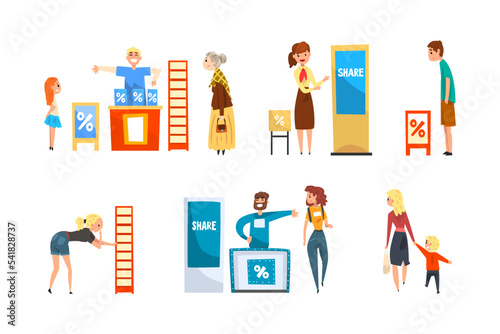 Man and Woman Promoter Advertising Products or Services to Passerby at Trade Show Vector Set