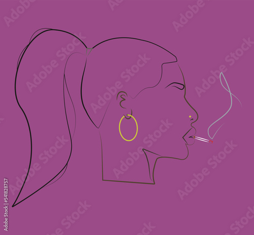 Silhouette. Portrait. Avatar. A black smoking girl. The linear girl's face. Portrait of a black girl. Flat illustration of a girl head. Sexy black woman. Black woman with ponytail hairstyle