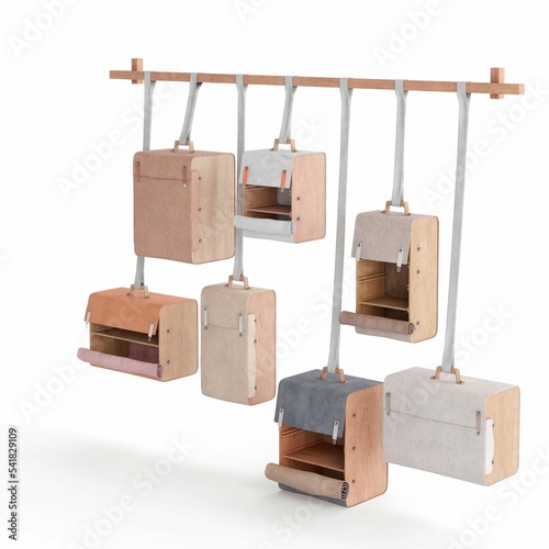 3D-render of Tassenkast by Lotty Lindeman suitcases on a hanger isolated on a white background photo