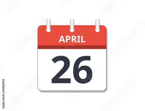 April 26th calendar icon vector. 