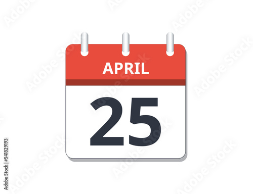 April 25th calendar icon vector.