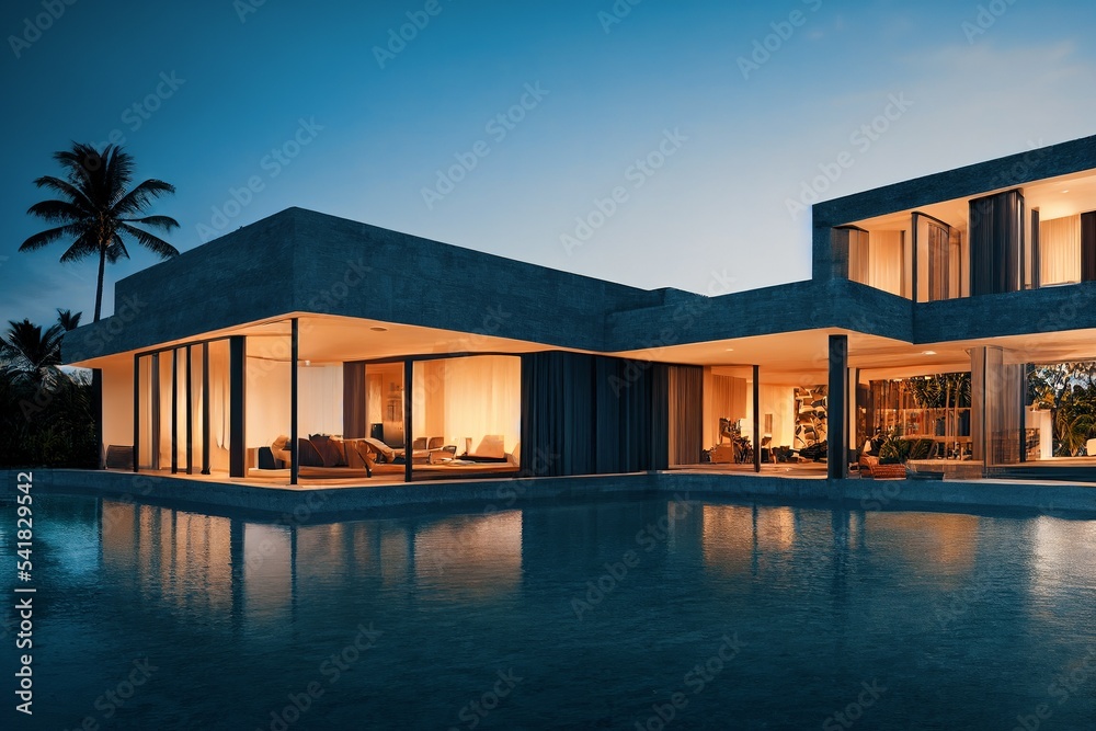 Luxury pool villa spectacular contemporary design 3D illustration digital art real estate , home, house and property - obrazy, fototapety, plakaty 