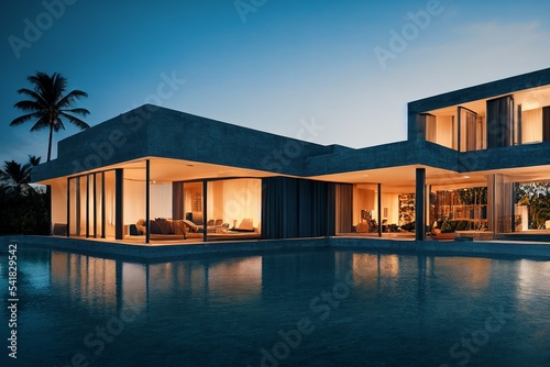 Luxury pool villa spectacular contemporary design 3D illustration digital art real estate , home, house and property photo