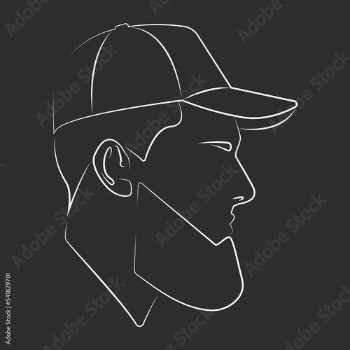 Silhouette of a black guy. Linear portrait. Avatar. Icon. Facial contours. Bearded man in a baseball cap. Stylish guy. Linear male head. Man head silhouette. Flat male illustration.
