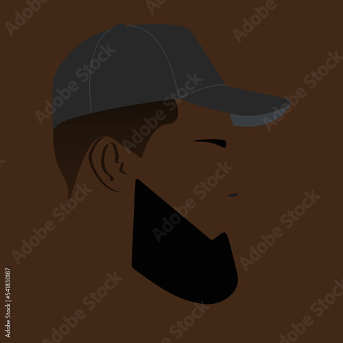 Silhouette of a black guy. Portrait. Avatar. Icon. Facial contours. Bearded man in a baseball cap. Stylish guy. Male head. Man head silhouette. Flat colored Male illustration.