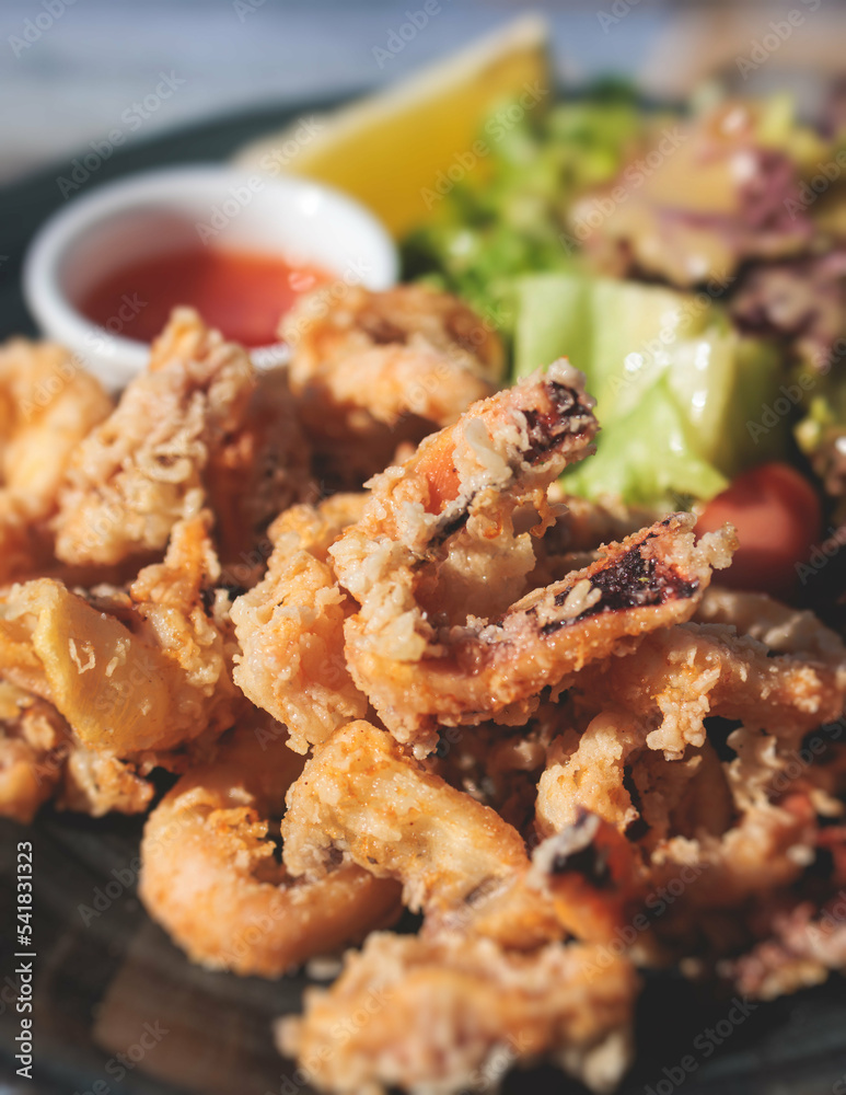 Deep fried squid fried calamari rings, grilled kalamaria tiganita, traditional Mediterranean food served in tavern, Corfu, Greek islands, Ionian sea, Greece