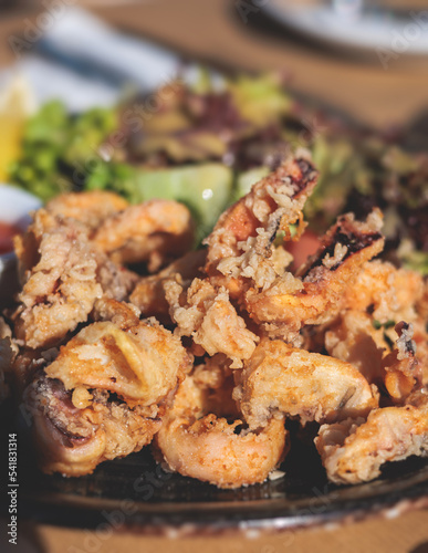 Deep fried squid fried calamari rings, grilled kalamaria tiganita, traditional Mediterranean food served in tavern, Corfu, Greek islands, Ionian sea, Greece