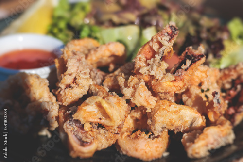 Deep fried squid fried calamari rings, grilled kalamaria tiganita, traditional Mediterranean food served in tavern, Corfu, Greek islands, Ionian sea, Greece