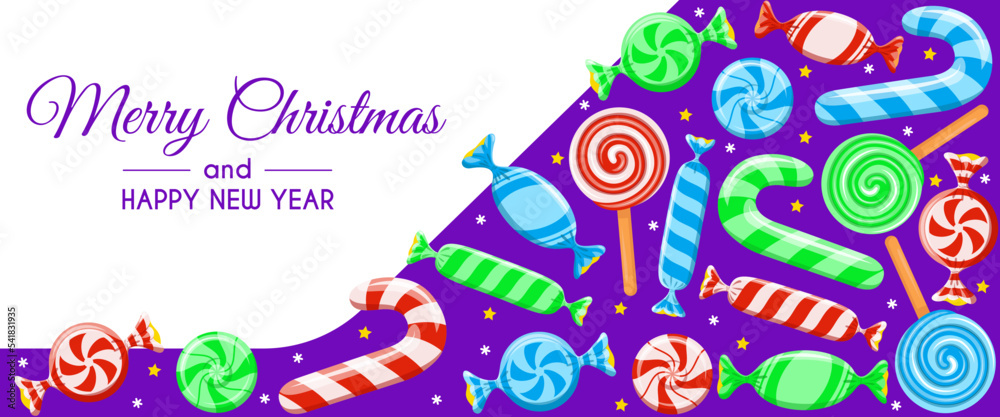 Merry Christmas and Happy New Year promotion banner. Multicolored striped hard candy, candy cane, lollipop, candies in wrapper. Holiday poster, web, flyer, stylish brochure, greeting card, background