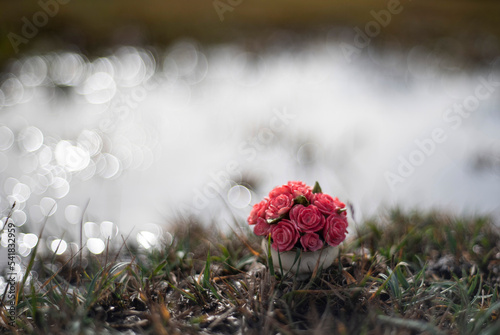 Bouquet of red flowers in the forest 