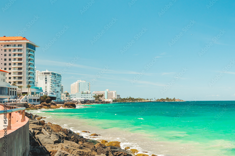 Beautiful condado city beach landscape from puerto rico tropical coast