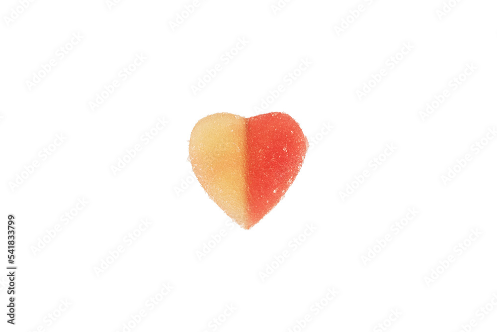 Heart shaped Gummy Jelly candy on white background.
Sugar coated marmalade in heart shape.
Fruit jelly in the form of a heart.