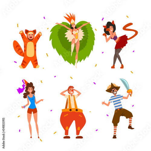 People Characters Wearing Carnival or Masquerade Costumes Vector Illustration Set