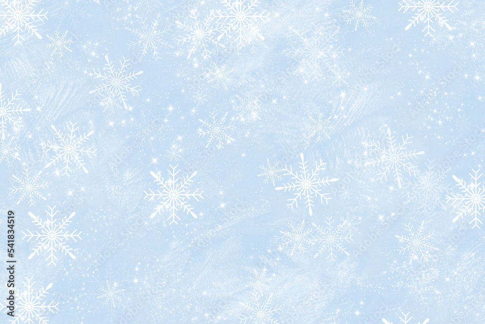 Niebieskie, zimowe tło ze śniegiem i płatkami śniegu. Świąteczne tło z płatkami śniegu. - obrazy, fototapety, plakaty 