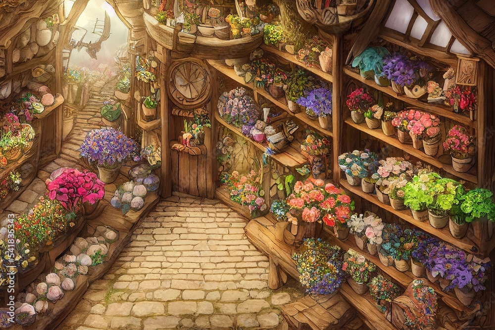 Flower shop interior in medieval fantasy setting with colorful warm ...