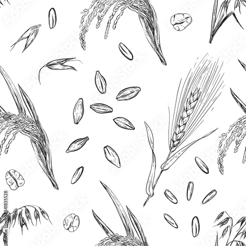 Detailed hand drawn black and white illustration seamless pattern of oat ear, wheat, leaf, grain, agriculture. sketch. Vector. Elements in graphic style label, card, sticker, menu, package.