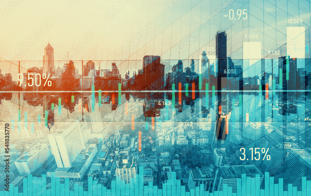 As background for a financial or business concept, digital screen and financial graphs overlap