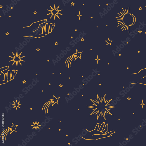 Seamless pattern with constellations. Sun, moon, magic hands and stars. Mystical esoteric background for design. Astrology magical vector.