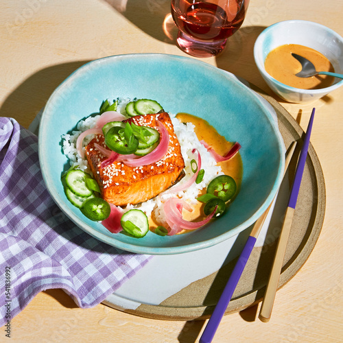 Air Fryer Salmon bowl with rice and jalapenos