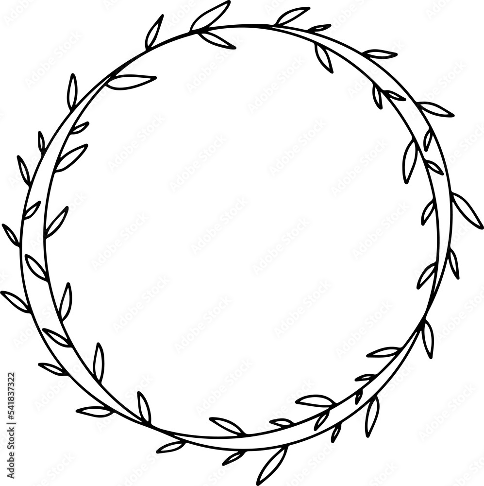 Round wreath with leaves. Laurel wreath in png. Hand drawn floral frame
