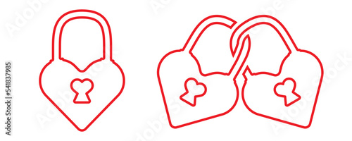 Outline red heart lock and love heart padlock set, love concept vector illustration. Valentines day romantic hearts design isolated on white. Love concept red hearts. 