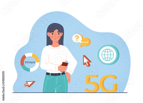 5g network concept. Young girl with smartphone in her hands sits on Internet and communicates in social networks. Poster or banner for website, gadgets and devices. Cartoon flat vector illustration
