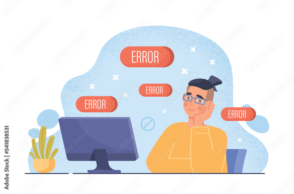 Computer error concept. Man sits in front of monitor screen. Programmer ...
