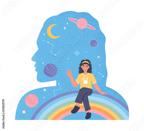 Dreamy child concept. Girl sits on rainbow and thinks about space. Imagination, fairy tale and fantasy. Childhood and curiosity, playful and positive character. Cartoon flat vector illustration