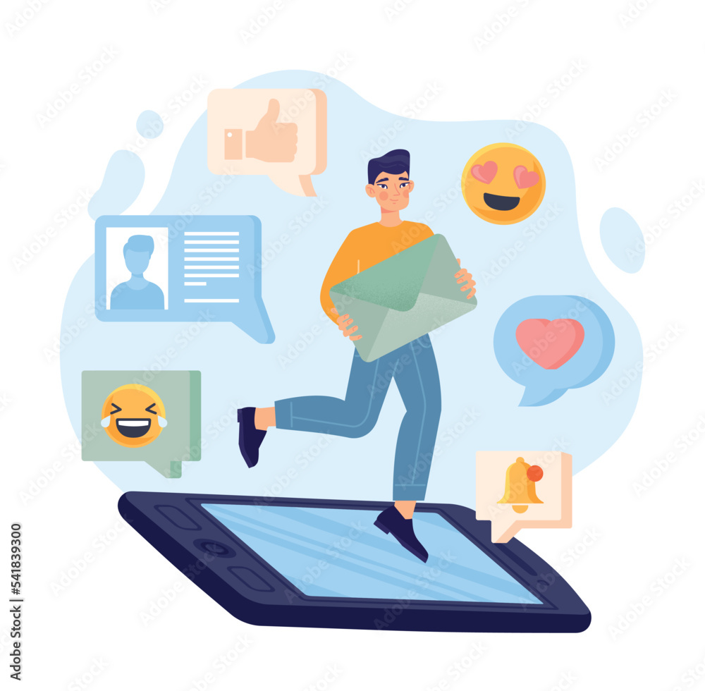 Social media concept. Man stands at screen of smartphone. Communication on Internet and messengers. Character with interesting content. Poster or banner for website. Cartoon flat vector illustration