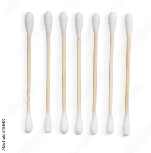 Wooden cotton buds on white background  top view