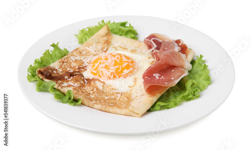 Delicious crepe with egg isolated on white. Breton galette