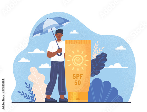 Summer heat concept. Man stands under umbrella next to large sunscreen. Protection from direct sunlight, UV and care for skin and health. Tourist on vacation. Cartoon flat vector illustration