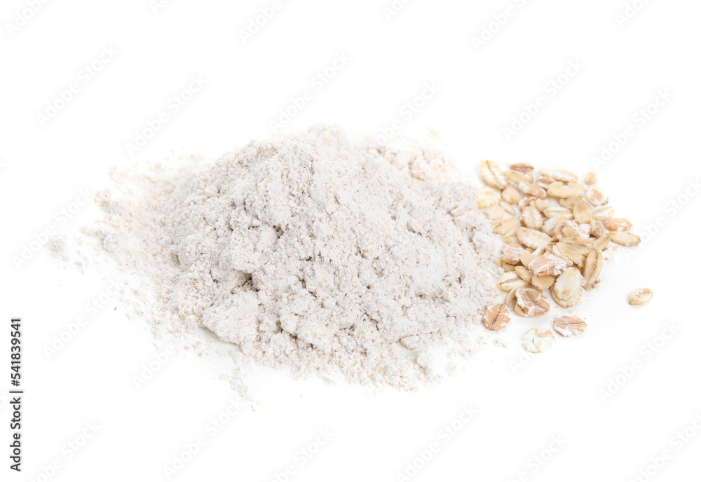 Pile of oatmeal flour and flakes isolated on white Pile of oatmeal flour and flakes isolated on white