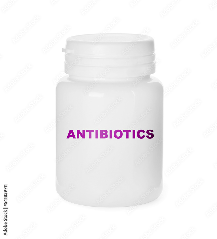 Plastic bottle with antibiotic pills on white background Plastic bottle with antibiotic pills on white background