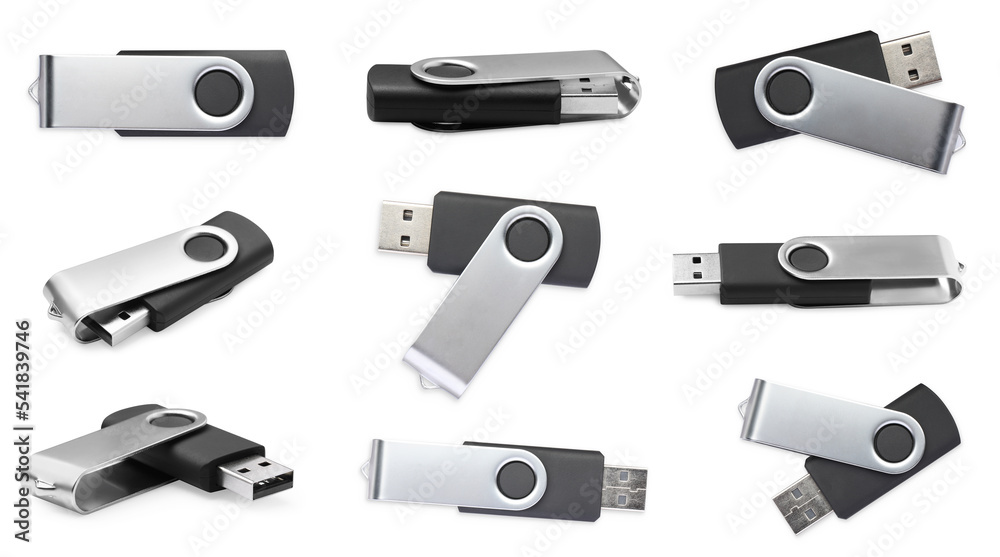 Set with modern usb flash drives on white background Set with modern usb flash drives on white background