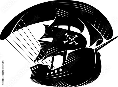 A Pirate Ship Flying with a Parasailing