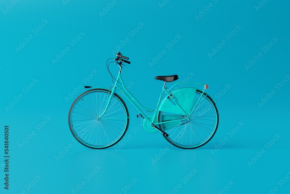 Blue bicycle on a blue background. Concept of cycling, environmental protection and keeping fit. 3D rendering, 3D illustration.