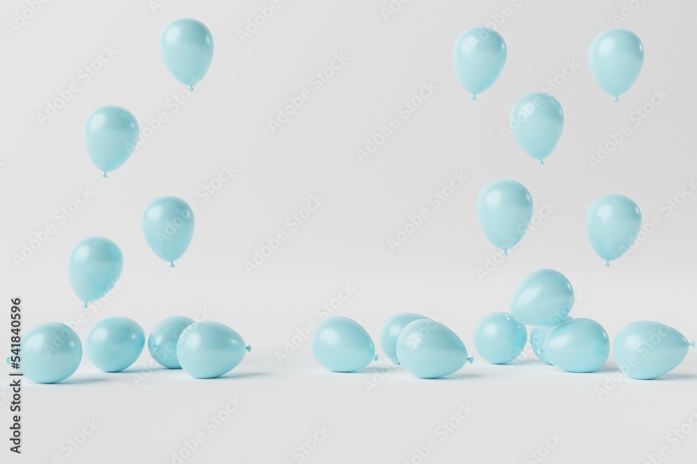 Blue balloons on a white background. Concept for the release of balloons, balloons inflated with air. 3d rendering, 3d illustration.
