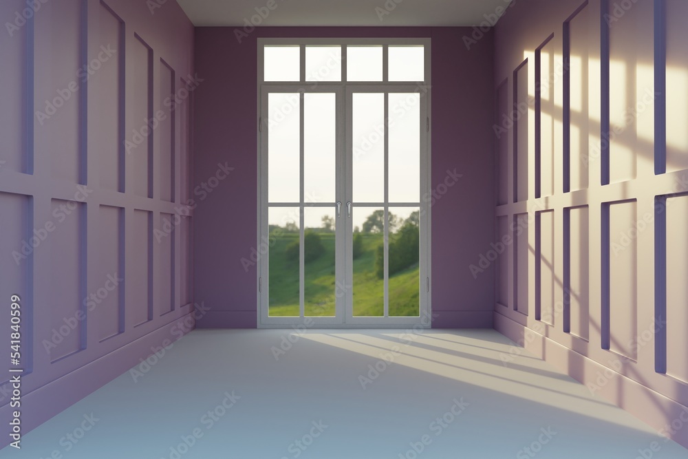 Empty modern room with a huge window. The concept of furnishing a room, apartment. 3d rendering, 3d illustration. Empty modern room with a huge window. The concept of furnishing a room, apartment. 3d rendering, 3d illustration.