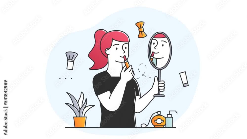 Young woman doing makeup video concept. Beautiful moving girl holds mirror and applies bright lipstick on her lips. Character uses cosmetic products. Flat graphic animated cartoon in doodle style Young woman doing makeup video concept. Beautiful moving girl holds mirror and applies bright lipstick on her lips. Character uses cosmetic products. Flat graphic animated cartoon in doodle style