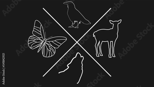 life is strange art in black and white with deer, wolf, crow and butterfly.	
