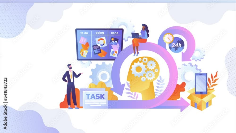 Scrum Framework video concept. Software development diagram with arrows. Moving characters manage project and discuss tasks. Planning and scheduling. Productive Teamwork. Flat graphic animated cartoon