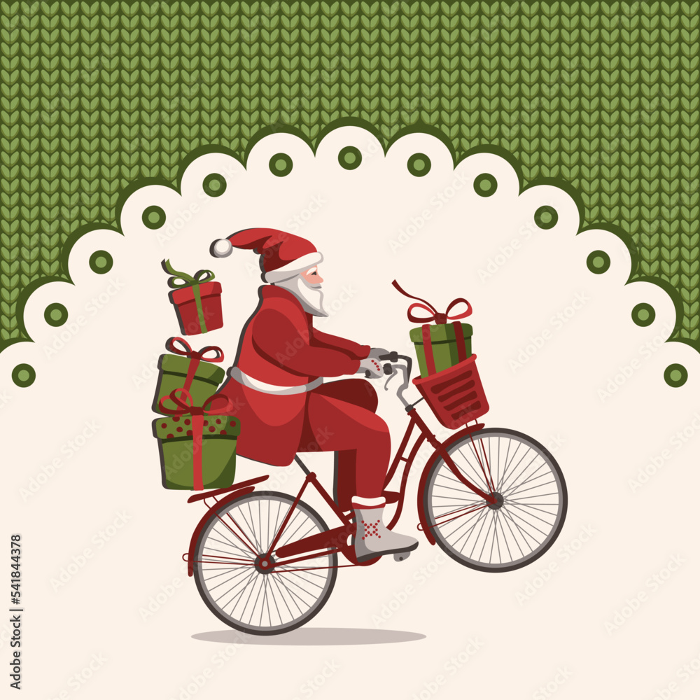 Santa on Bicycle. Knitted green background without text. Vector