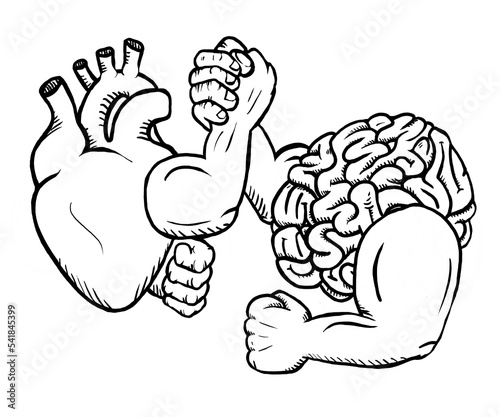 Heart and Brain arm wrestle in an epic showdown between mind and emotions. Black outline version.