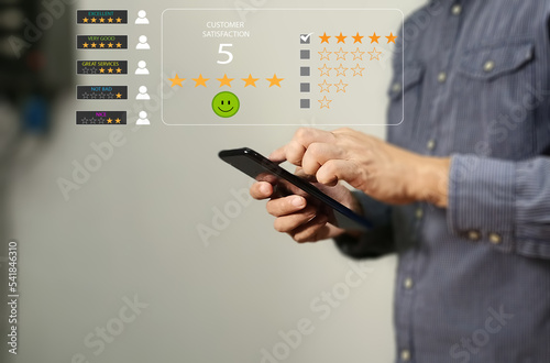 Customer Satisfaction Concept Give five stars the positive emotion smiley face icon and five stars with copy space.