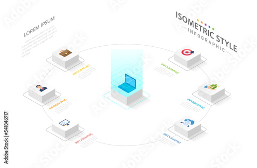 Isometric Infographic template for business. 6 Steps Modern Mindmap diagram in Technology concept, corporate isometric presentation vector infographic.