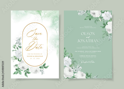 floral wedding invitation template set with roses and leaves decoration