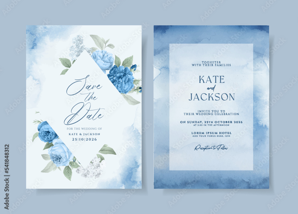 Beautiful floral wedding invitation template set with roses and leaves decoration