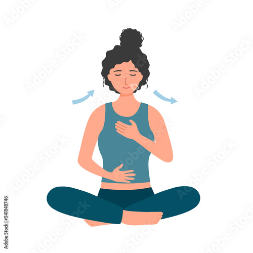 Woman practicing breathing exercise in flat design on white background.